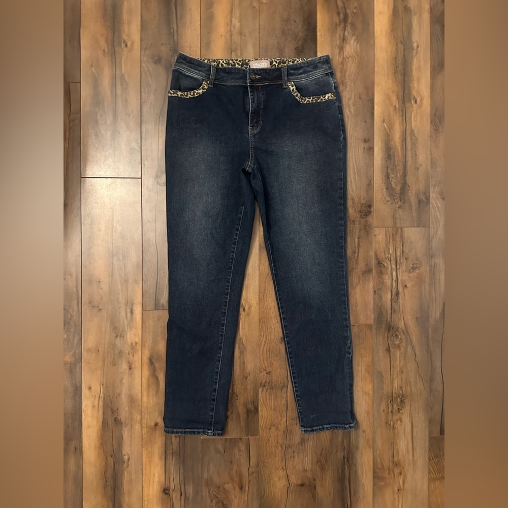 Chico’s Leopard Trim Ankle Jeans Sz 0 Dark Wash Stretch Denim Animal Print